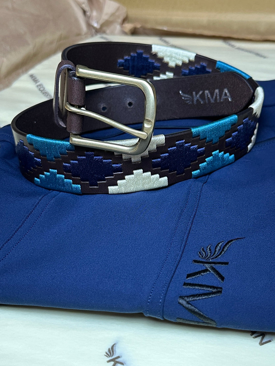 Premium Havana Leather Polo Belt                         Teal, Navy & Cream