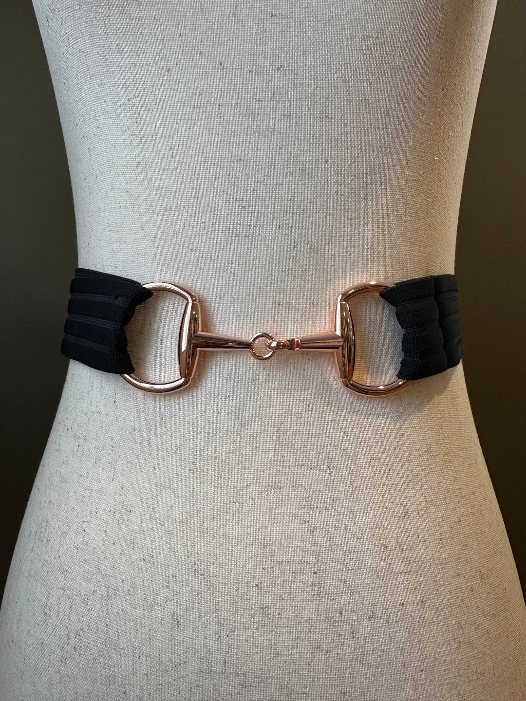 KMA Equestrian Elastic Black Elastic Belt with Rose Gold Snaffle Buckle 3