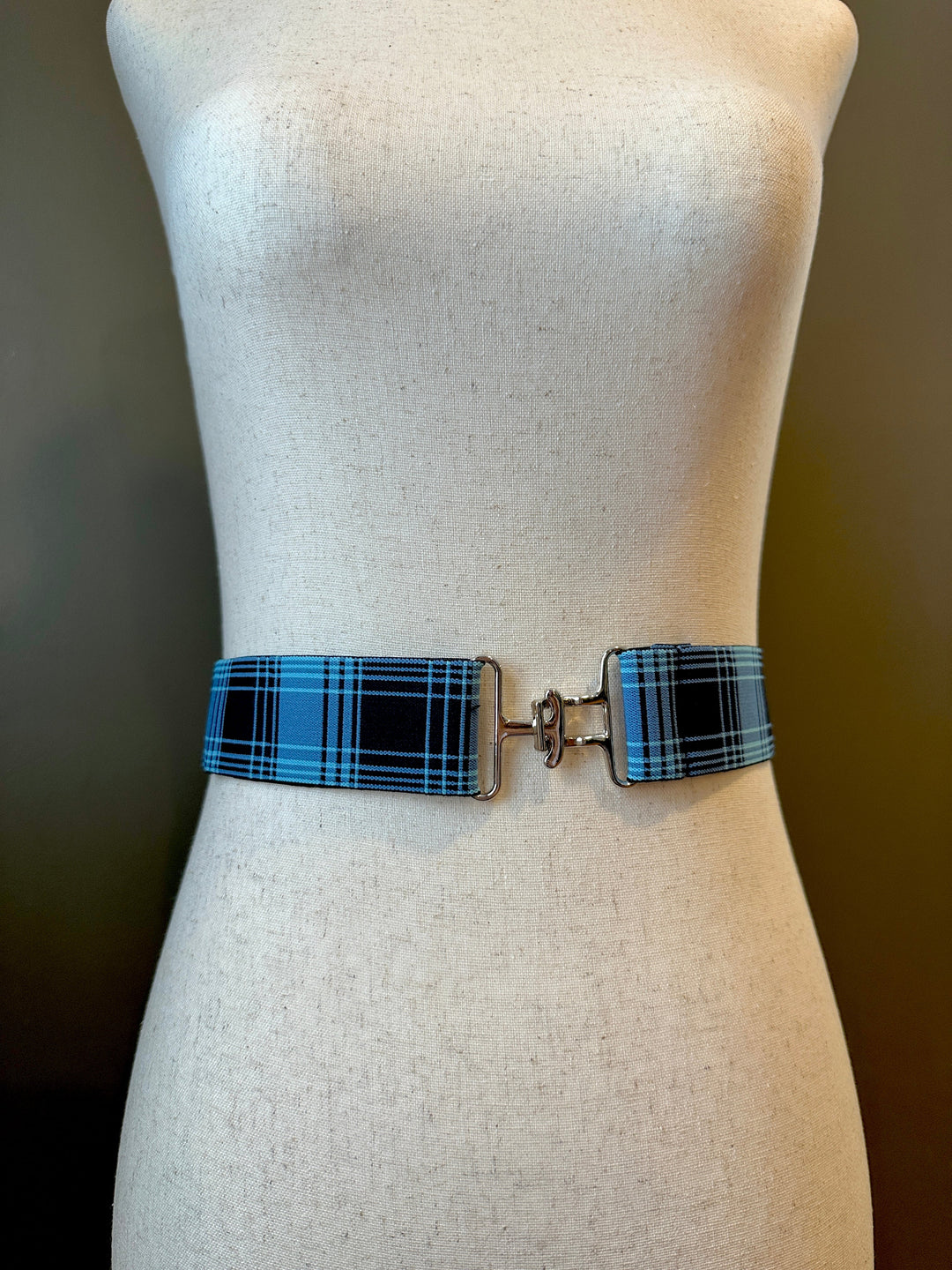 KMA Equestrian Elastic Blue Tartan Elastic Belt with Steel Surcingle Buckle 2