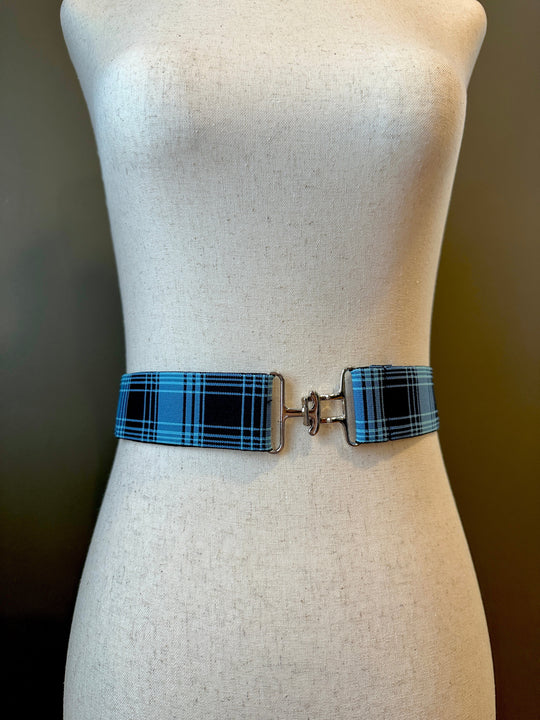 KMA Equestrian Elastic Blue Tartan Elastic Belt with Steel Surcingle Buckle 2