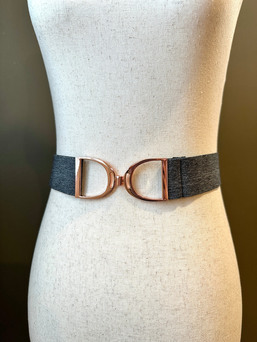 KMA Equestrian Elastic Flannel Grey Elastic Belt with Rose Gold Stirrup Buckle 2