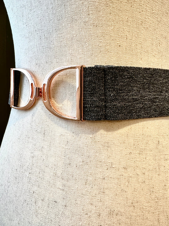 KMA Equestrian Elastic Flannel Grey Elastic Belt with Rose Gold Stirrup Buckle 1