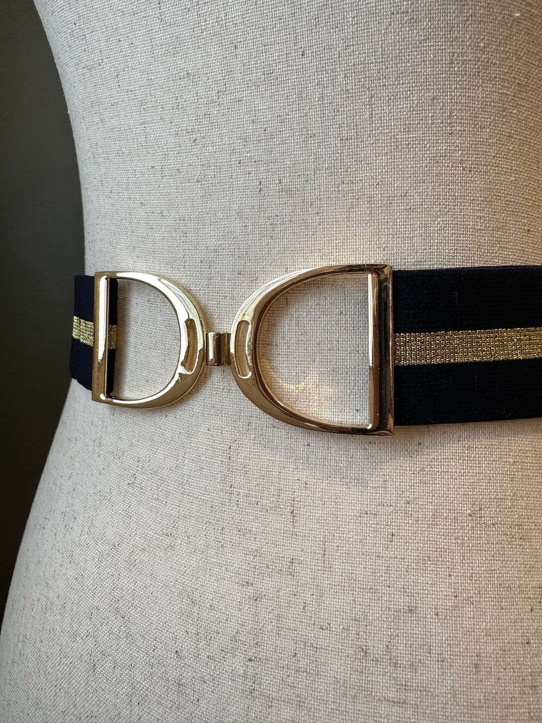 KMA Equestrian Elastic Navy & Gold Elastic Belt with Gold Stirrup Buckle 1