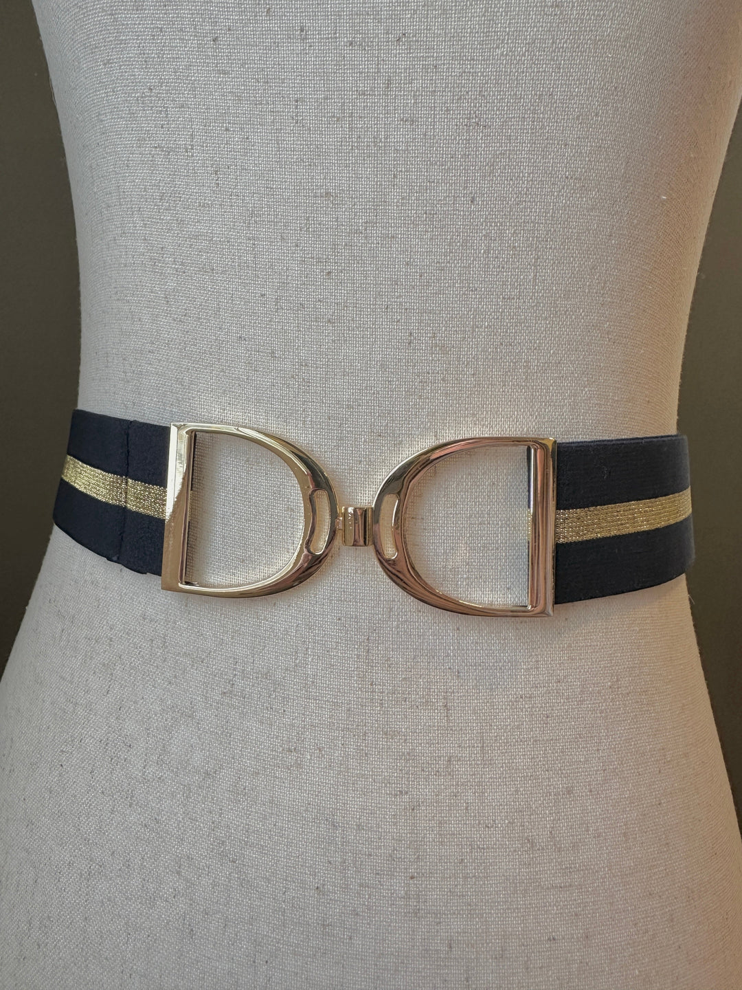 KMA Equestrian Elastic Navy & Gold Elastic Belt with Gold Stirrup Buckle 3