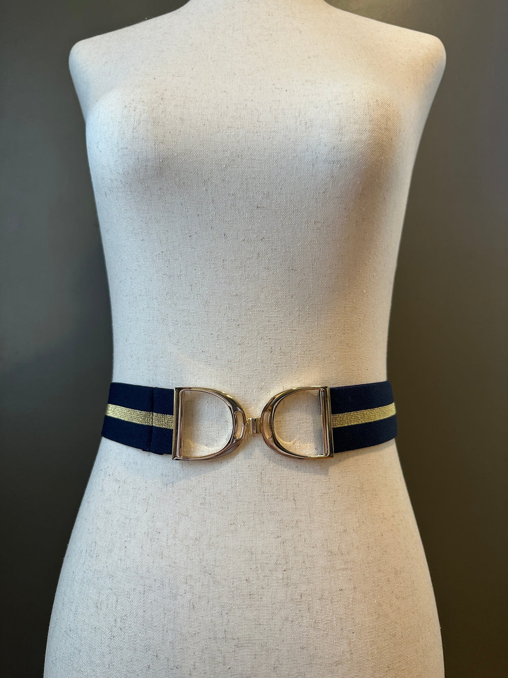 KMA Equestrian Elastic Navy & Gold Elastic Belt with Gold Stirrup Buckle 2