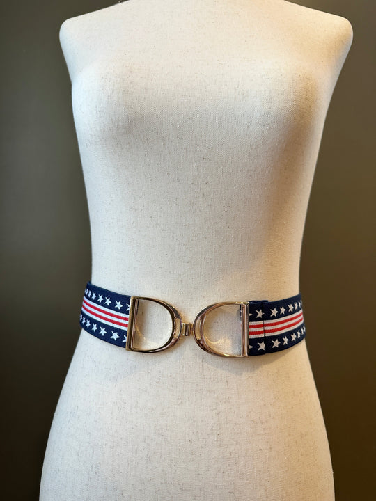 KMA Equestrian Elastic Stars and Stripes Elastic Belt with Gold Stirrup Buckle 2