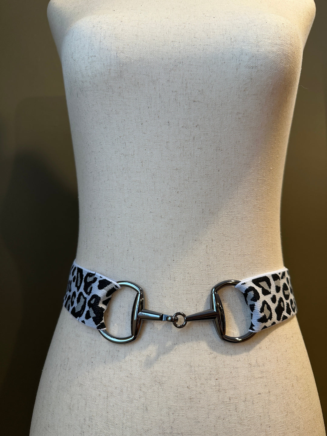 KMA Equestrian Elastic White Cheetah Elastic Belt with Carbon Luxe Snaffle Buckle 2